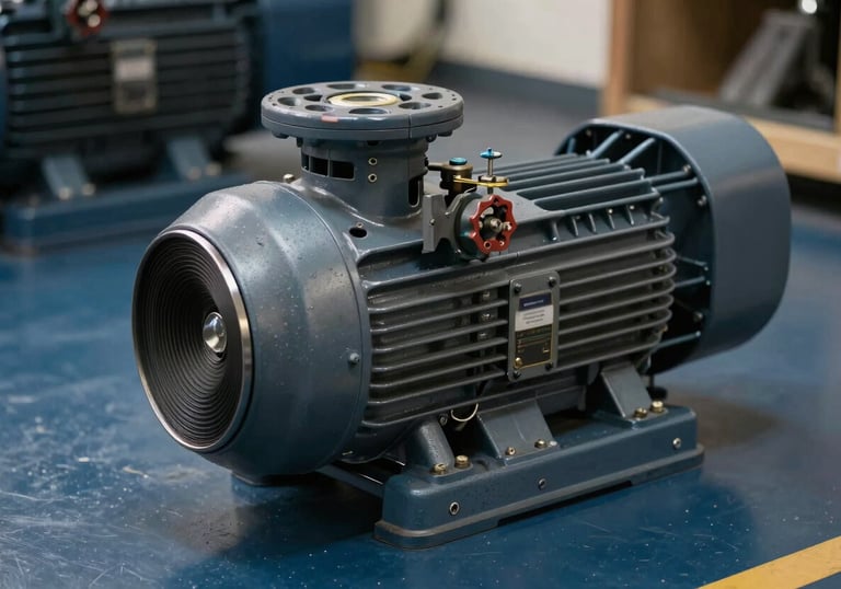 A vertical centrifugal jockey pump positioned neatly next to a larger main pump unit in a midnight blue painted floor area.