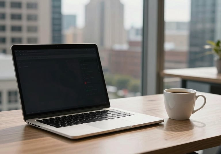 Sleek office workstation with a laptop and a cup of coffee, looking out over a US business district.