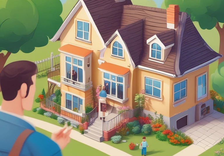 Photo of a real estate agent showing a house to a happy couple.