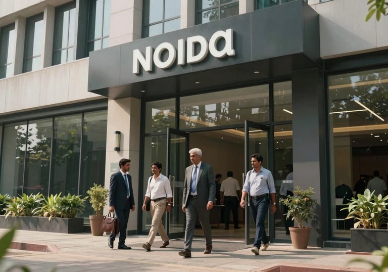 The modern exterior of a professional building in Noida with South Asian / Indian individuals entering, representing a journey's beginning.