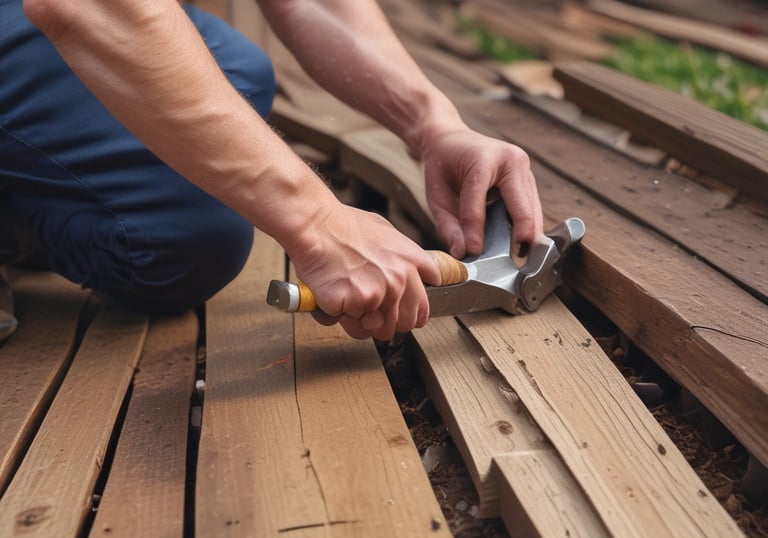 A well-maintained deck with vibrant landscaping.