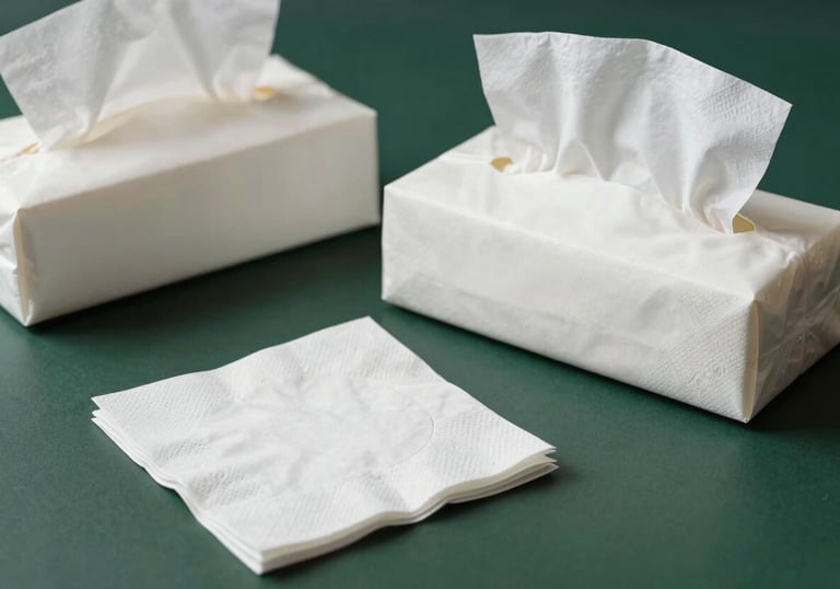 A minimalist, high-quality photograph of premium white napkins and tissue boxes on a dark green surface, showcasing texture and quality. Professional studio lighting.