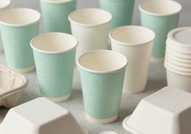 Clean, eco-friendly paper takeaway cups and disposable containers arranged neatly. The focus is on the materials and sustainability. Light mint and off-white colors.