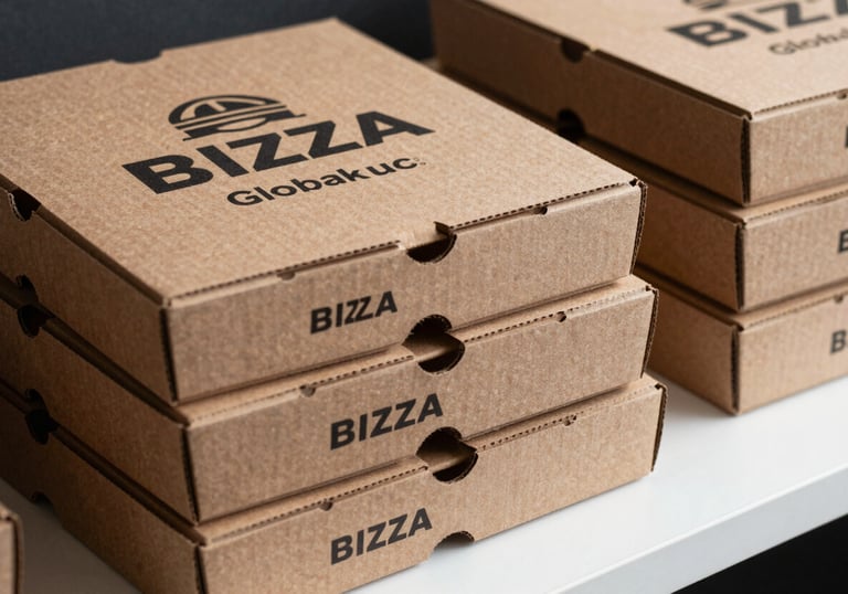 Product photography of high-quality customized cardboard pizza boxes and burger boxes stacked neatly on a white surface, showing off professional branding. Global B2B style.