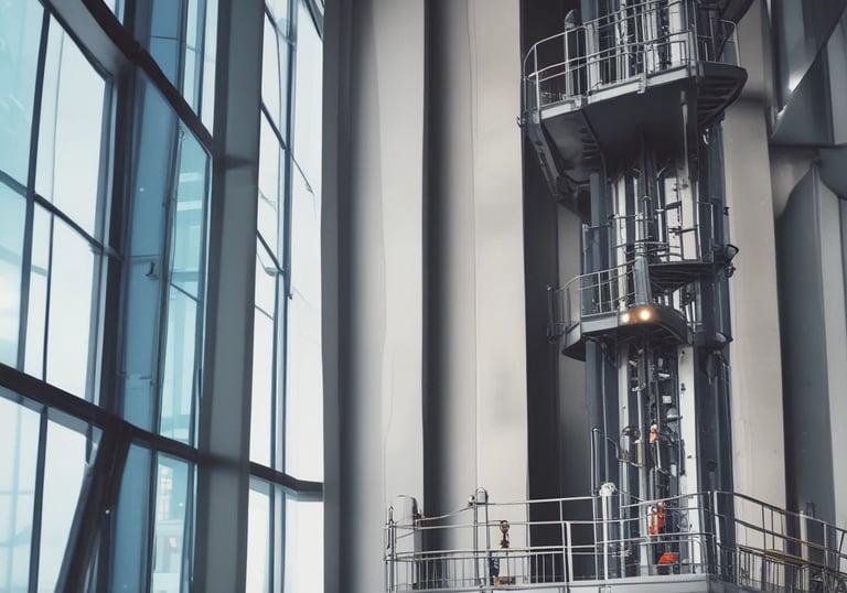 Technicians performing detailed elevator maintenance inside a commercial building shaft.