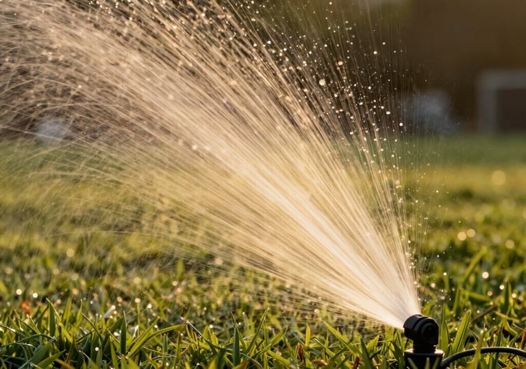 Close-up of a sleek automatic irrigation system watering a vibrant green lawn.