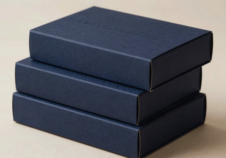 Three boutique shopping boxes stacked elegantly, featuring minimalist branding in Deep Midnight on Pure Mist paper.