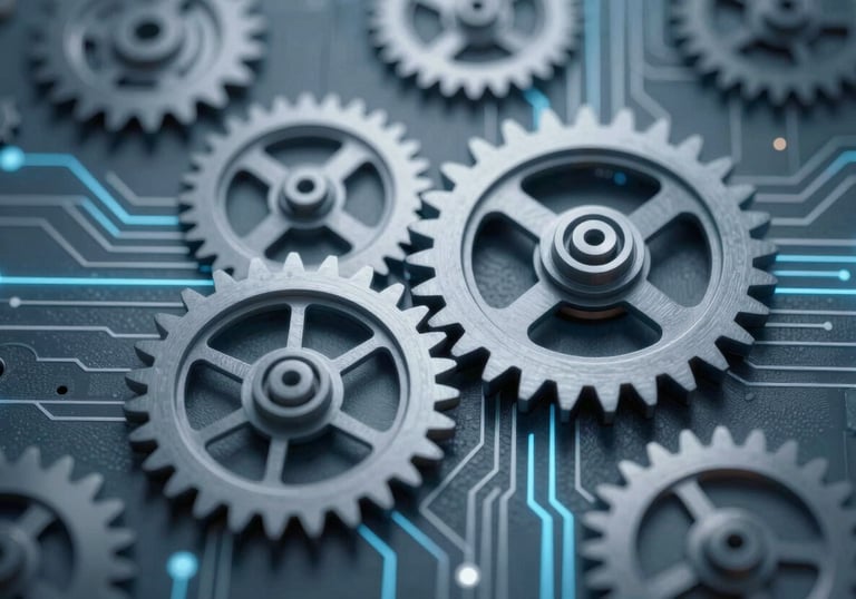 Conceptual image of clockwork gears integrated with digital circuit lines, representing efficiency and automation, in #2C5364 and #71A2B6.