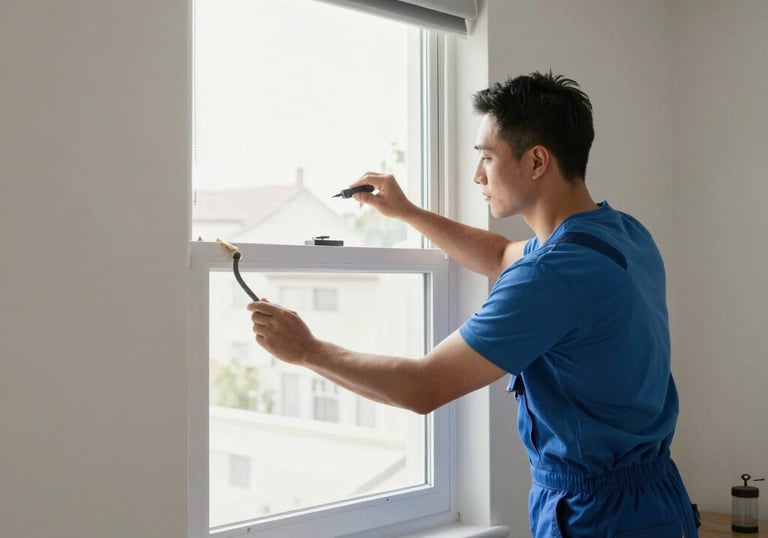 Close-up of a craftsman applying wallpaper with attention to detail in a cozy room.