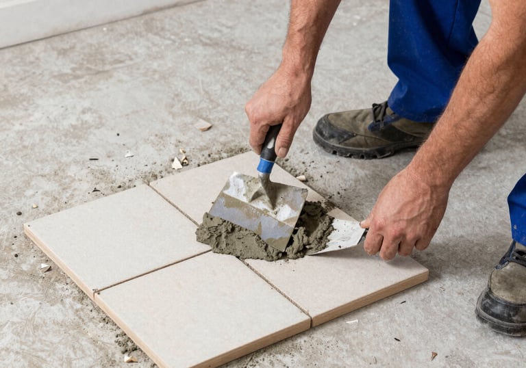 Technician carefully mounting a flat-screen TV on a modern living room wall.
