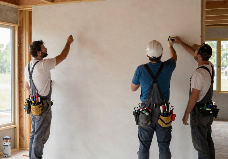 A skilled worker installing new hardwood flooring in a bright living room.