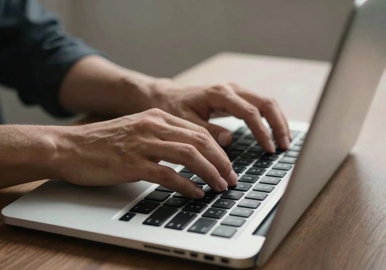 A focused shot of a person’s hands typing on a laptop in a minimalist workspace in North America.