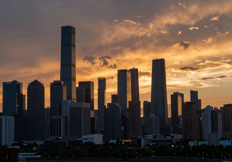 A cinematic landscape shot of a sunset over a modern urban skyline, graded with deep Slate Steel shadows and vibrant Burnished Gold highlights, evocative of a high-budget film production.