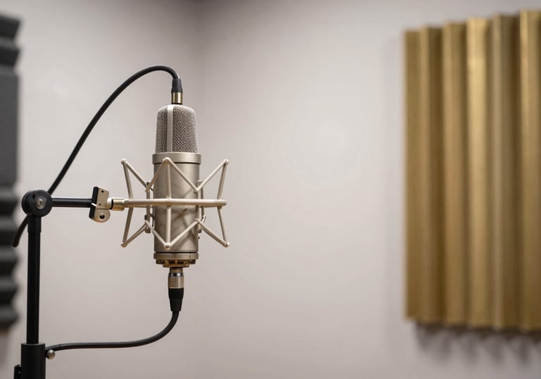A high-end podcast studio setup with professional microphones and soundproofing. The room is bathed in a soft Cloud White light with Burnished Gold accents on the equipment.