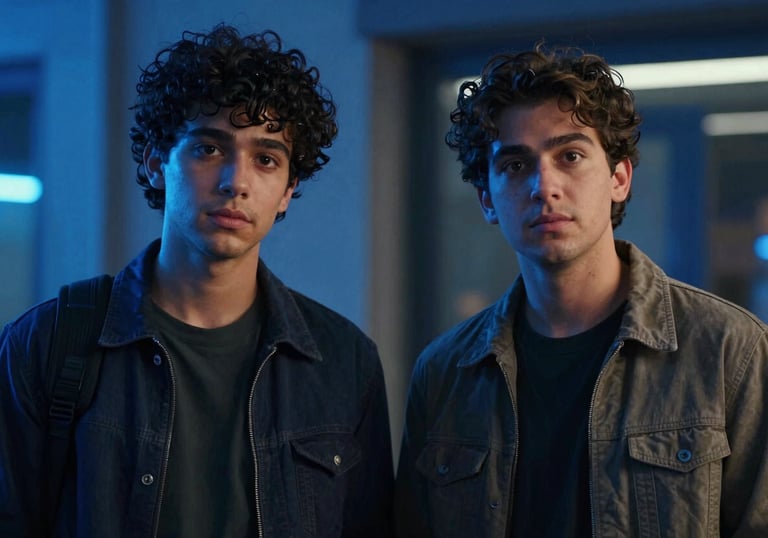 A cinematic still from a web series featuring two young creators in a neon-lit urban environment. The color palette consists of Obsidian Blue shadows and sharp Slate Steel lighting.