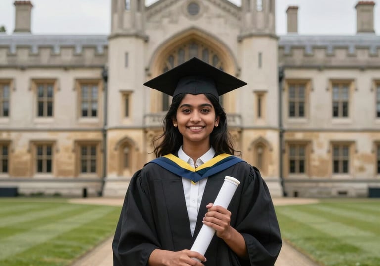 A cheerful South Asian student in graduation robes holding a diploma, standing in front of a majestic historic university building in the UK.