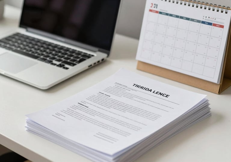 A clean, organized workspace with a laptop, a stack of legal papers, and a professional calendar in a Maryland home office setting.