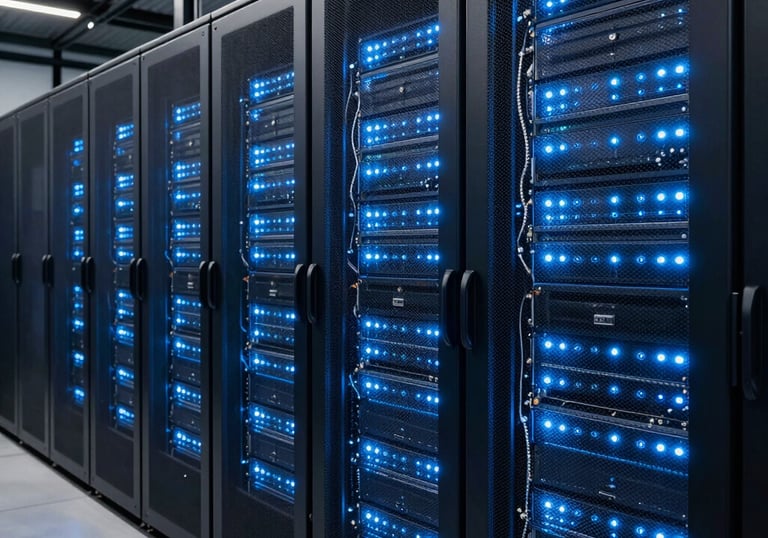 A crisp photograph of a modern Australian data center interior with rows of server racks glowing with light blue LEDs, representing secure and smart infrastructure.