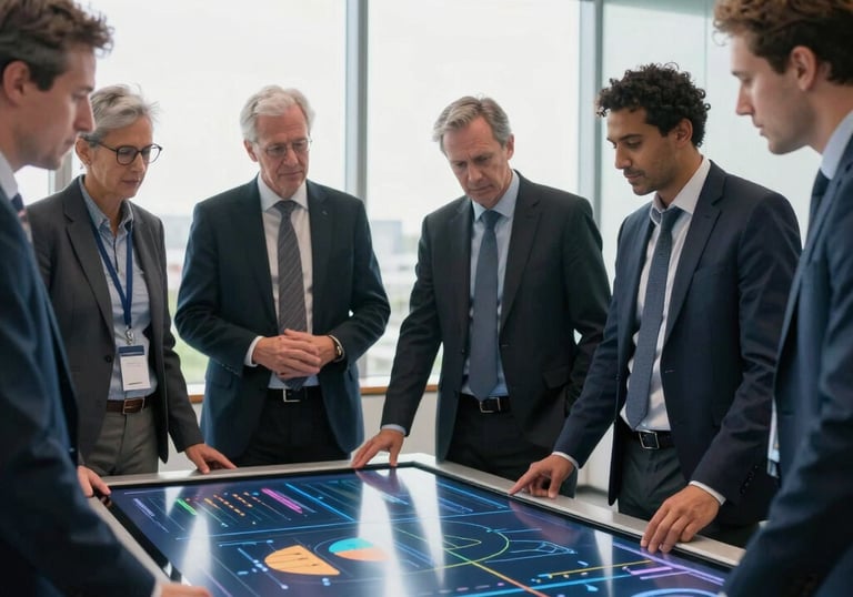 A group of diverse Australian government officials and technology experts collaborating around a modern interactive display showing strategic data insights, in a bright, professional office environment. The composition should convey trust, innovation, and practical implementation. Soft, natural lighting. Realistic, high-resolution photography.