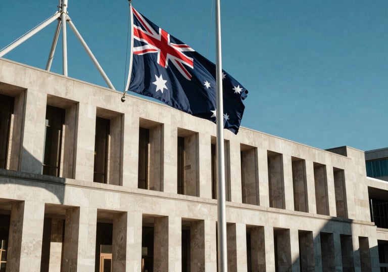 A photography shot of the Australian flag standing outside a modern stone government building under a clear blue sky, with sharp shadows and professional composition.