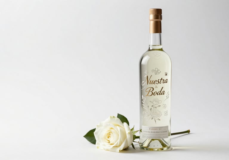 A bottle of Pisco with a delicate laser-engraved floral design and 'Nuestra Boda' text, standing next to a white rose on a pure white background.
