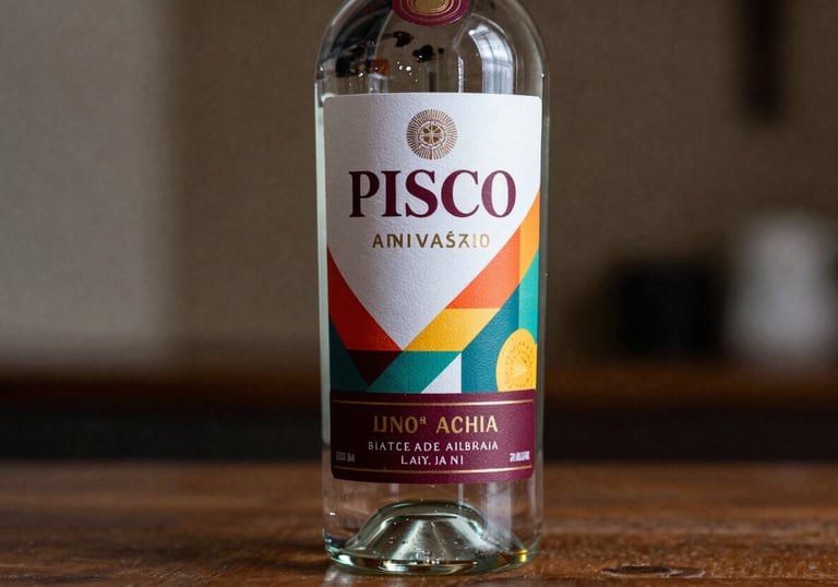 A custom Pisco bottle with a modern, colorful anniversary label featuring deep burgundy accents, photographed in a high-end South American / Peruvian setting.