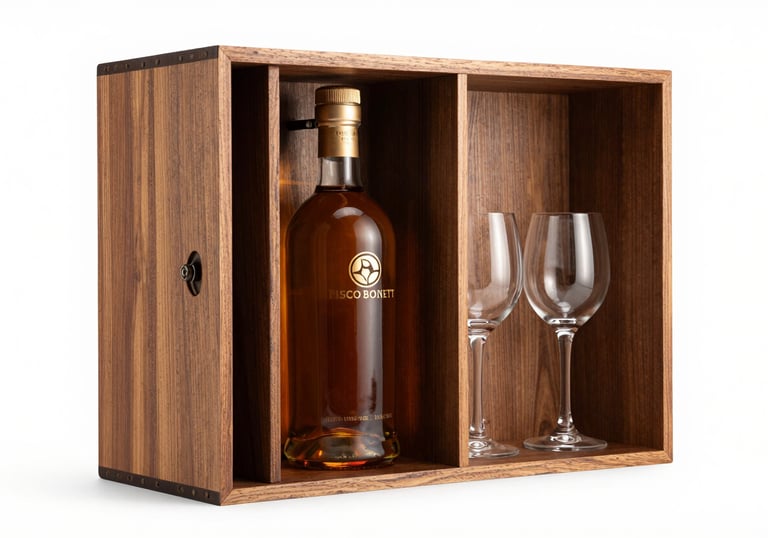 A high-end wooden corporate gift box containing a Pisco Bonett bottle with a logo engraved in gold and two professional glasses on a pure white background, studio lighting.