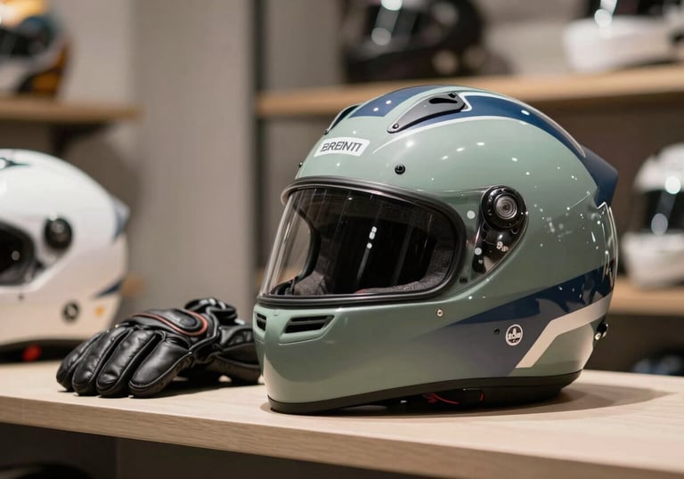 Close-up of a premium racing helmet and leather gloves resting on a minimalist display shelf, sage and midnight blue tones, professional studio lighting, South American / Brazilian luxury store context.