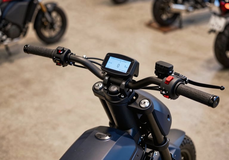 Detailed view of the sleek handlebars and digital display of a modern electric motorcycle inside a showroom with midnight blue and earthy beige accents, South American / Brazilian setting.