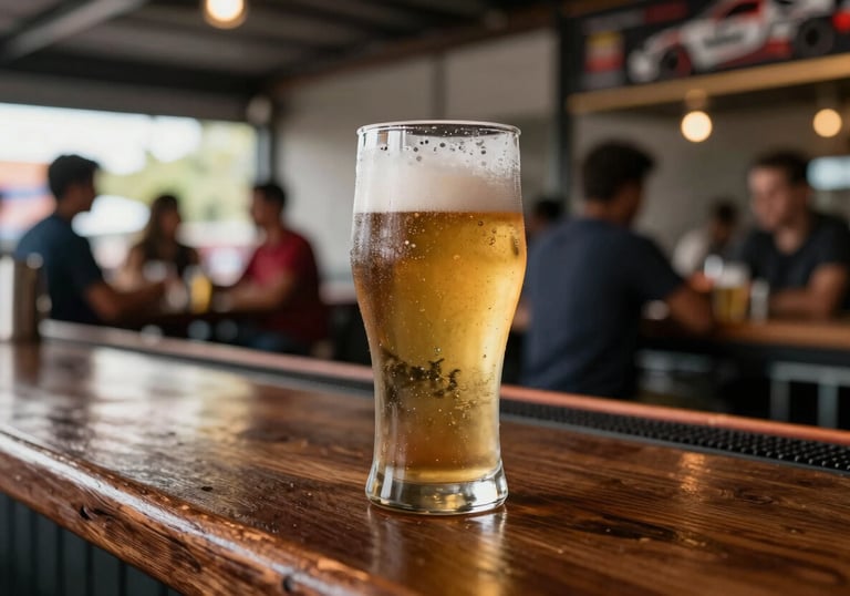 A frosty glass of draft beer sitting on a dark wood bar counter with a blurred background of people socializing in a modern motorsports-themed hub, South American / Brazilian environment.