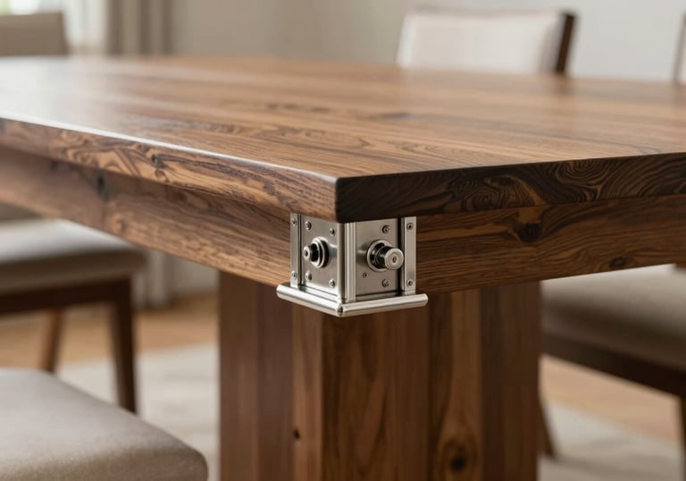 Detailed shot of a finished custom dining table joint, showing exquisite craftsmanship and silver-toned hardware in a modern North American home.