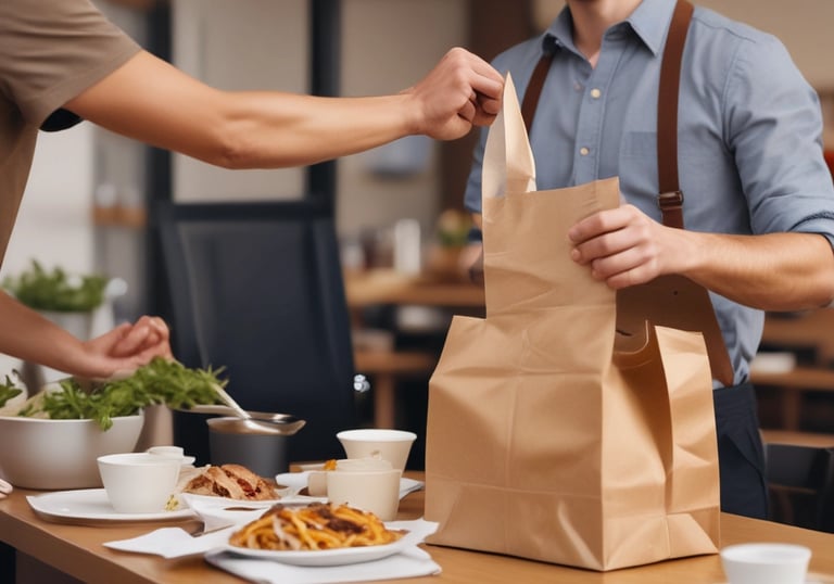 Delivery driver handing over a boxed Indian meal at a cozy home doorstep.