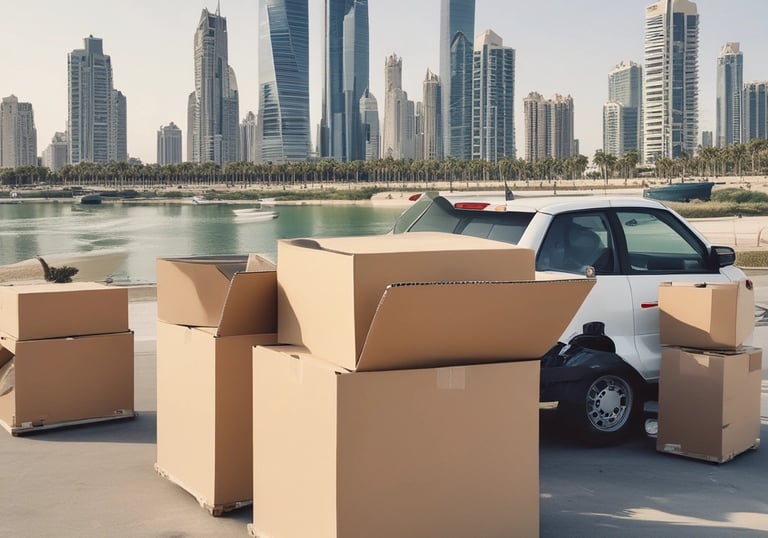 A moving truck parked outside a stylish Abu Dhabi villa at sunset.