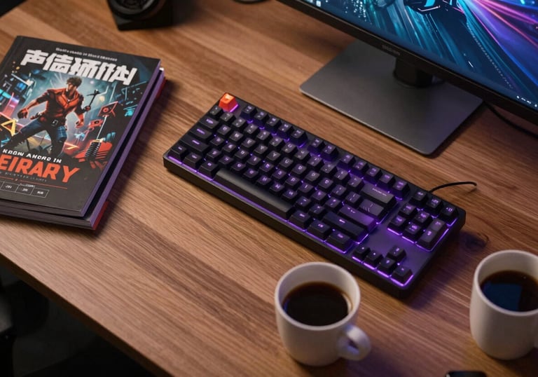 A top-down shot of a modern North American / US workstation with game design books, a mechanical keyboard with electric purple backlighting, and a cup of coffee.