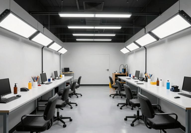 The interior of a clean, bright, and modern North American detailing workshop, showing empty bays with professional lighting and organized equipment ready for work.