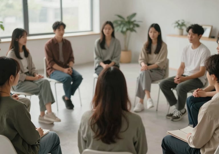 A group of people sitting in a circle in a bright, modern room, suggesting a community therapeutic session. Soft lighting and muted colors.