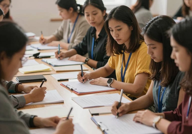Women collaborating on a traditional craft project under the shade of a tree.