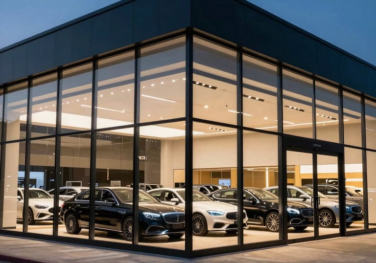 A wide-angle shot of a sleek glass-fronted luxury car dealership at twilight, illuminated from within showing high-end cars, North American / European Luxury Automotive Market.