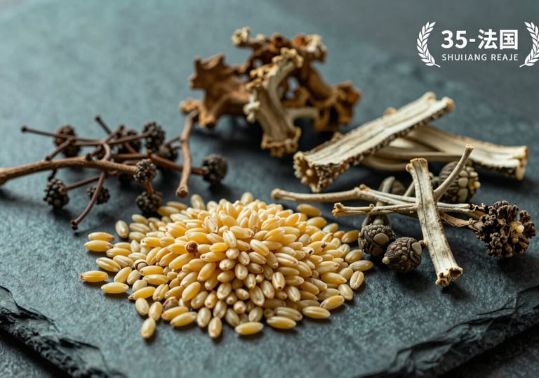 Close-up of raw ingredients: golden grains and rare mountain herbs arranged on a Dark Slate Teal stone surface.