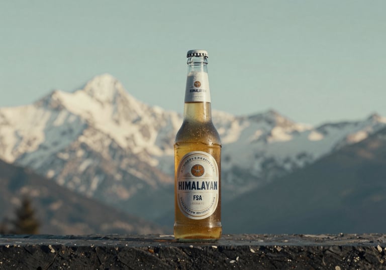A frosted bottle of 'Himalayan' beer standing on a dark stone ledge. In the background, a blurred Soft Off-White mountain range is visible under a Muted Sage sky.
