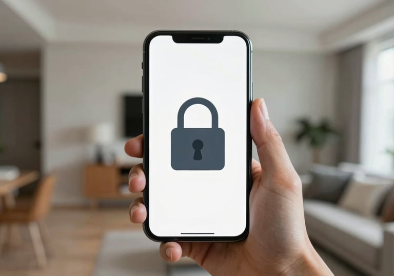 A photo of a smartphone held in a hand, displaying an encrypted padlock icon against a soft-focus background of a modern US apartment interior.