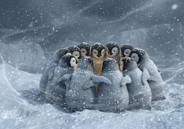 A huddle of fluffy emperor penguin chicks sheltering together during a snowstorm in Antarctica.