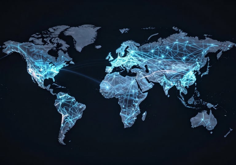 A stylized, high-tech map of the world showing glowing interconnecting lines (#8FA6BC) representing global trade routes on a dark background.