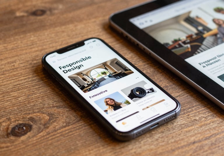 A close-up shot of a smartphone and a tablet on a wooden desk in a European / French cafe setting, showing responsive web design elements.