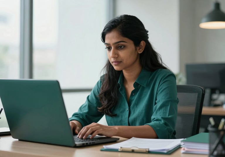 A professional South Asian / Indian woman working diligently in a bright, modern office with dark teal green stationery and files.
