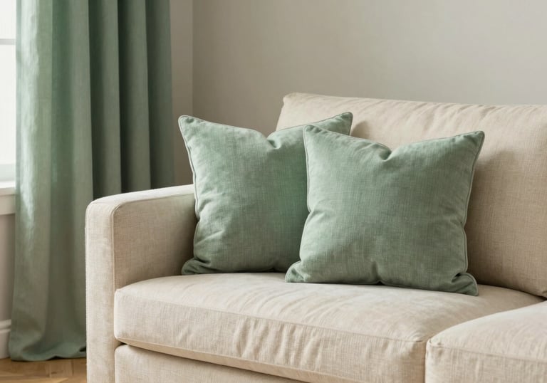 A beautifully coordinated North American living room corner with sage green curtains and matching soft furnishing pillows on a cream sofa. Warm, inviting atmosphere.