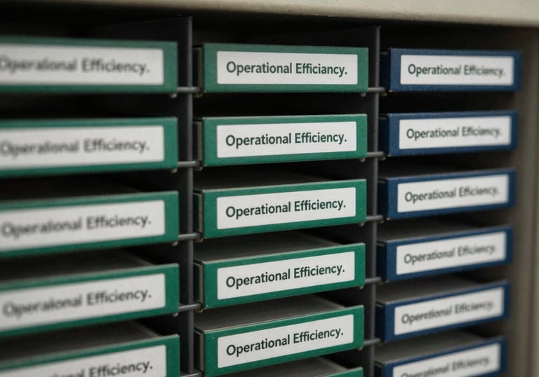 A close-up of an organized filing system with neat labels in forest green and midnight blue tones, representing operational efficiency.