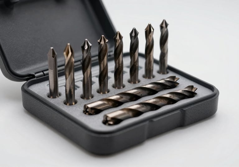 A set of high-performance drill bits in a sleek storage case, minimalist arrangement on a light cloud surface, soft professional lighting.