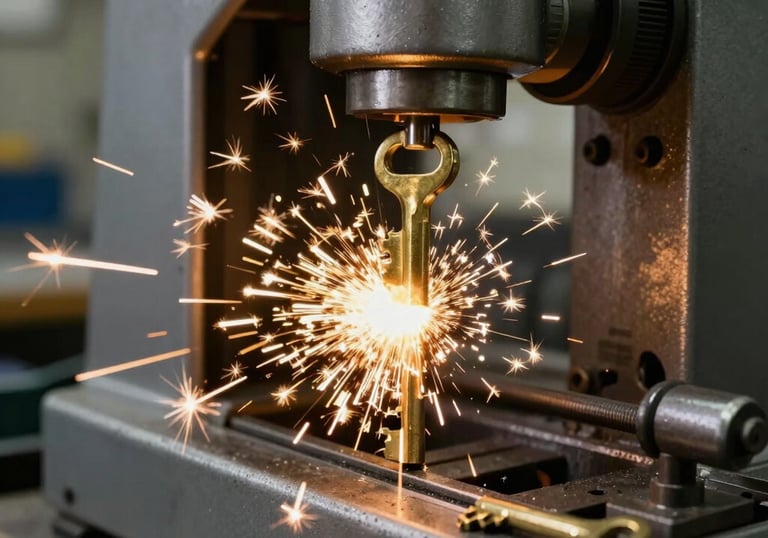 A dynamic action shot of a key cutting machine in a Northern European / Swedish service shop, with bright golden sparks flying as a new brass key is precisely shaped.
