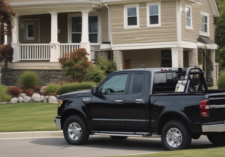 A sturdy truck loaded with various goods ready to depart from a city warehouse.